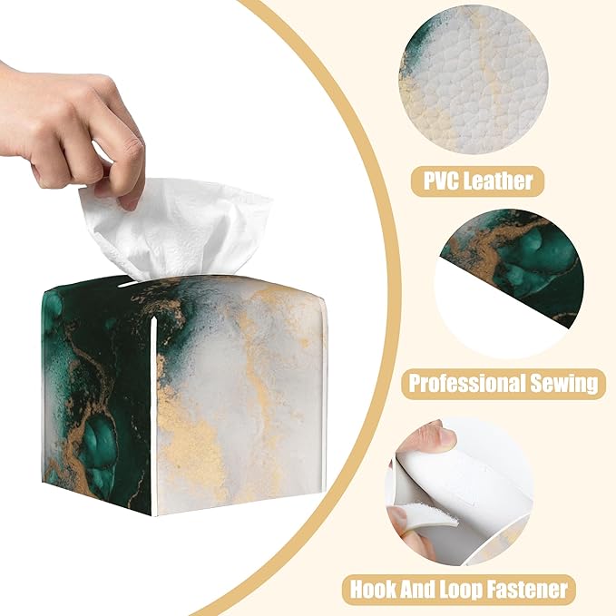 BLYKVGHQ Square Tissue Box Cover Teal and Gold Marble Tissue Box Holder Facial Cube Paper Dispenser Leather Decorative Organizer Home Office Desk Decor, 5.2"x5.2"x5.2"