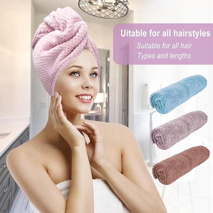 YHPDYL 3 Pack Microfiber Hair Towel Wrap for Women, Fast Drying Hair Turban with Button, Anti-Frizz Large Hair Towel for All Hair Styles, Soft & Absorbent Hair Drying Towel (Purple, Bule, Brown)