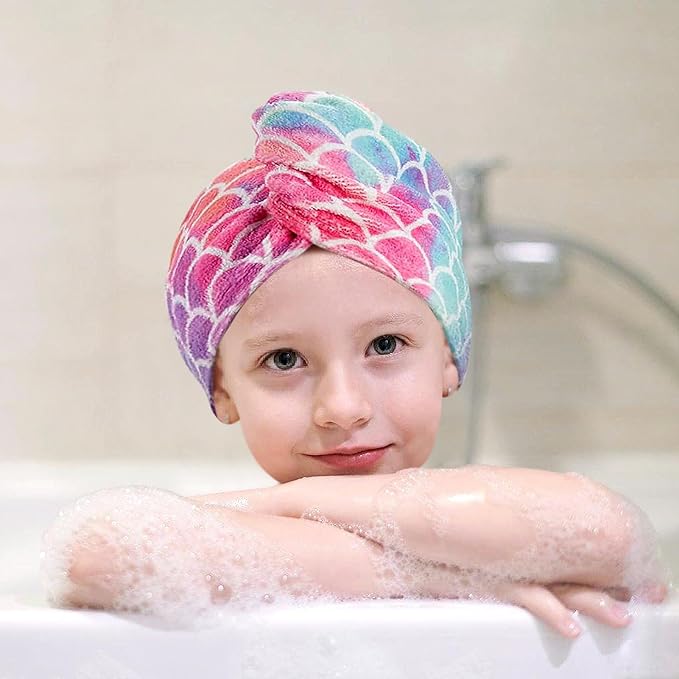 MADHOLLY Microfiber Hair Towel for Kids Gifts - Soft Super Absorbent Rapid Drying Hair Towel Wrap Turban for Girls Women with Button, Anti-Frizz for Thicker Curly Long Hair, 3Pack