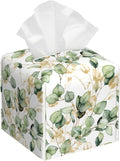 POIUBLE Leather Tissue Box Holder Gold and Green Eucalyptus Leaf Tissue Box Cover Square Waterproof Tissue Holder Organizer Modern Napkin Holder for Bedroom Dresser Night Stand Office Desk