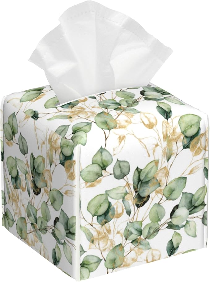 POIUBLE Leather Tissue Box Holder Gold and Green Eucalyptus Leaf Tissue Box Cover Square Waterproof Tissue Holder Organizer Modern Napkin Holder for Bedroom Dresser Night Stand Office Desk