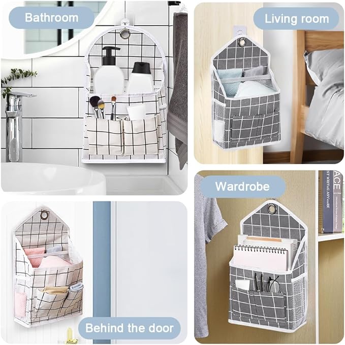 TIE-DailyNec 2PC Wall Hanging Storage Bag Linen Hanging Closet Organizer with Pockets Over The Door Hanging Basket Caddy and 2 Hanging Hook for Bedroom Bathroom Office Kitchen Dorm Room (Grey+Beige)