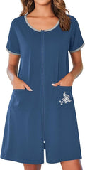 Ekouaer Zip Up Robes for Women Short Sleeves Zipper House Coat Short Bathrobes Lightweight Nightgown with Pockets S-3XL