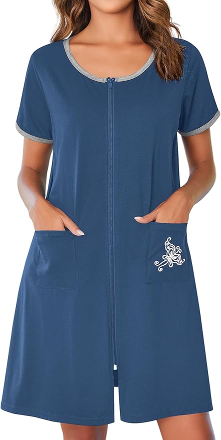 Ekouaer Zip Up Robes for Women Short Sleeves Zipper House Coat Short Bathrobes Lightweight Nightgown with Pockets S-3XL