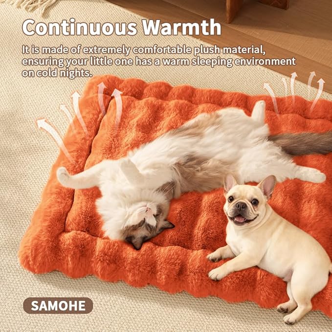 SOMAHE Self-Warming Cat Bed, Plush Faux Fur Pet Bed Mat with Anti-Slip Bottom, Ultra Soft Heated Pad for Cats & Kittens, Cozy Fluffy Bed for Window & Sills Couches, Machine Washable, 23x15 Inch Orange