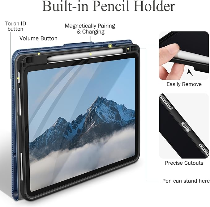 auaua Case for iPad Air 11 Inch M3/M2 (2025/2024), iPad Air 5th/4th Generation (2022/2020), with Pencil Holder and Pocket, Typing Angle Muti-Stand Magnetic Closure Auto Sleep/Wake (Blue)