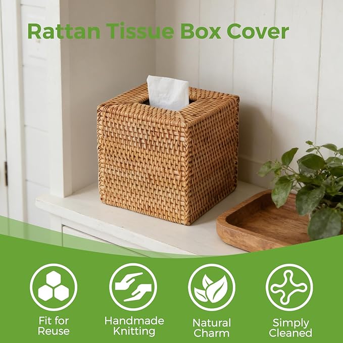 2 Pack Natural Rattan Tissue Box Cover, Hand Woven Square Wicker Holder for Facial Tissues, Wicker Napkin Holder Ideal for Bathroom Living Room, Tissue Holders Decorative for Kitchen Office and Desk