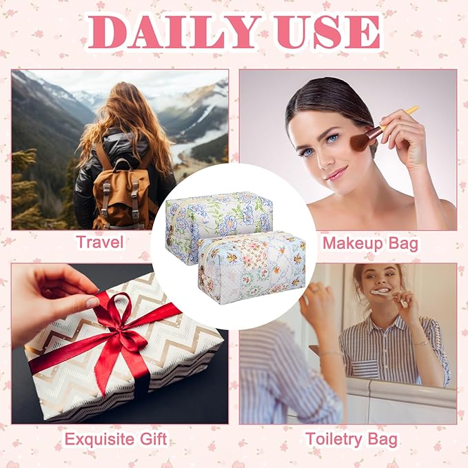 Qinyoung 12 Packs Quilted Makeup Bag Flower Theme Toiletry Cosmetic Bag Aesthetic Makeup Pouch Floral Emergency Kit Pouch for Traveling