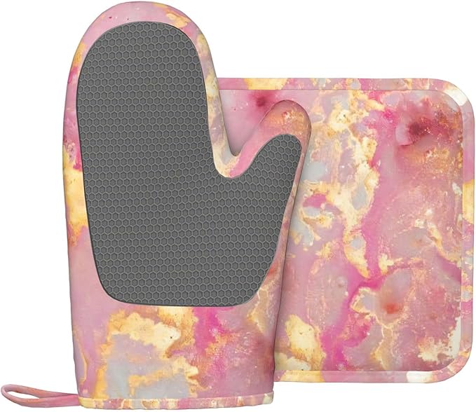 Pink Marble Pattern Oven Mitts and Pot Holders Sets, Home Silicone Heat Resistant BBQ Gloves for Kitchen Baking Cooking Grilling Microwave
