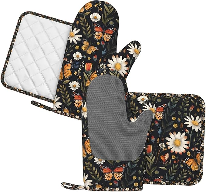 Oven Mitts Pot Holders Set Vintage Butterfly Daisy Leaf Silicone Kitchen Gloves Potholders Heat Resistant for Chef Baking Cooking Grilling BBQ 4 Pack Mitt