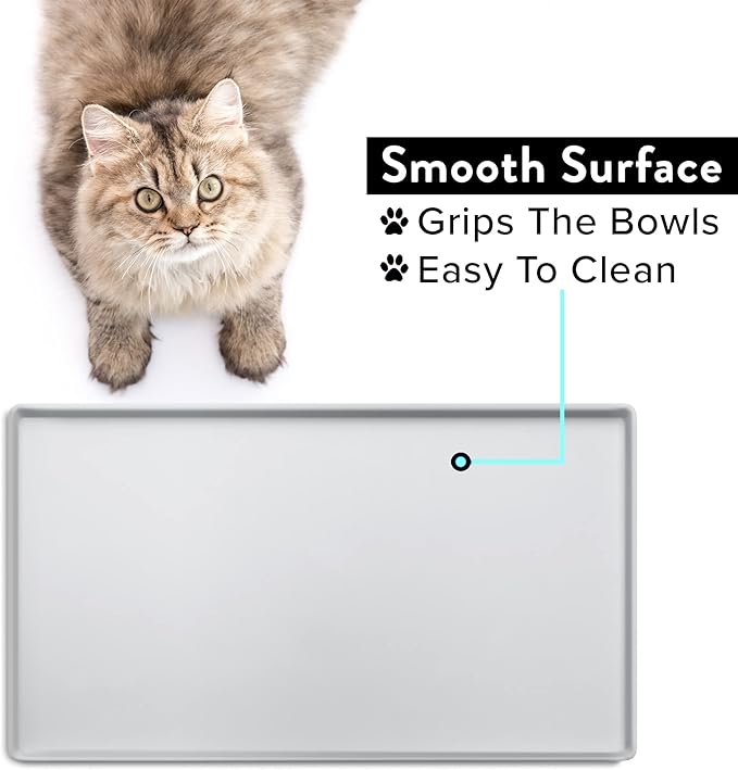 CatGuru Cat Food Mat, Small & Large Pet Feedingd Mat, 100% Waterproof Cat Mats for Food and Water, Silicone Mats for Pet Bowls, Non-Slip Placemat for Water Bowl or Fountain (Large, Silver)