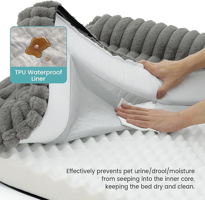 COZY KISS Cute Dog Bed for Extra Large Dogs, Faux Rabbit Fur Orthopedic Foam Dog Bed with Sides, Removable Washable Cover & Waterproof Lining, Comfortable Pet Couch, Grey (48" L x 35" W x 7.5" Th)