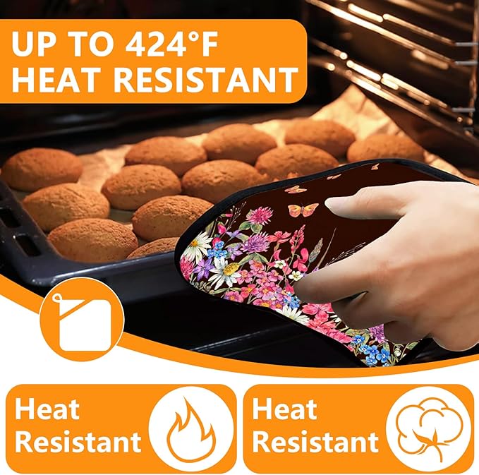 Wildflowers Oven Mitts and Pot Holders Sets 4Pcs,Extra Long Oven Gloves Potholder for Kitchen Cooking Baking BBQ 100% Cotton Heat Resistant