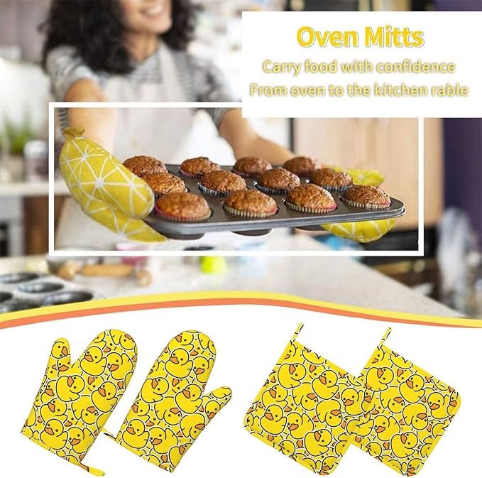 Cute Duck Kawaii Cartoon Oven Mitts And Pot Holders Set Of 4 Silicone Heat Resistant Oven Mitten Potholders Non Slip Gloves Kitchen Decor For Bbq Cooking Grilling Baking
