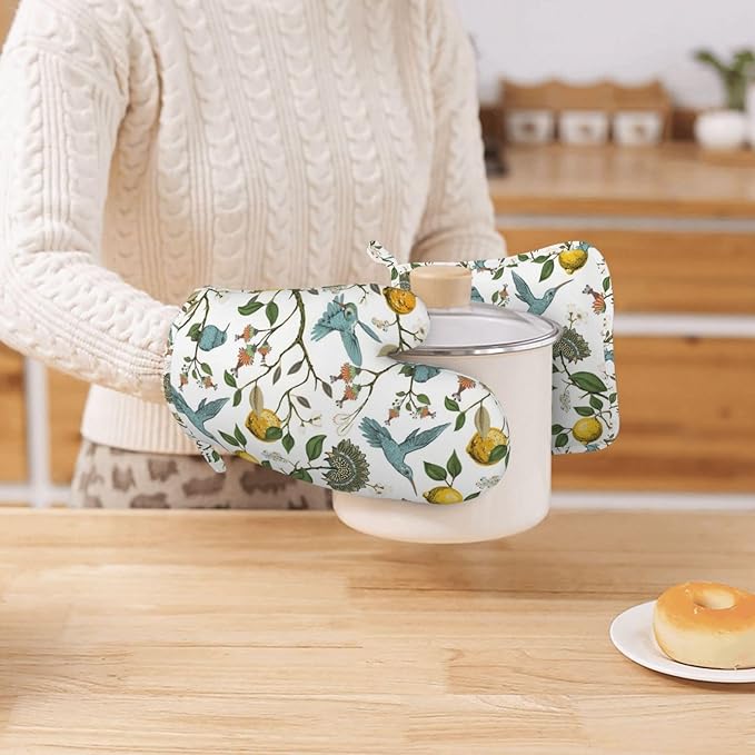 Hummingbird Lemon Flowers Oven Mitts and Pot Holders Sets, Home Silicone Heat Resistant BBQ Gloves for Kitchen Baking Cooking Grilling Microwave
