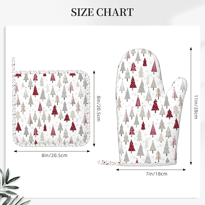 Oven Mitts Pot Holders Set Pine Tree Christmas Pattern Xmas Silicone Kitchen Gloves Potholders Heat Resistant for Chef Baking Cooking Grilling BBQ 4 Pack Mitt