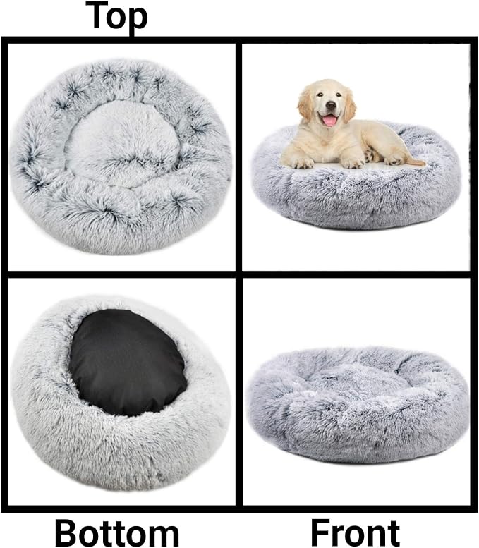 Mr. Peanut's OrthoPlush Two Tone Extra Fluff Faux Fur Donut Pet Bed (Small, Gray)