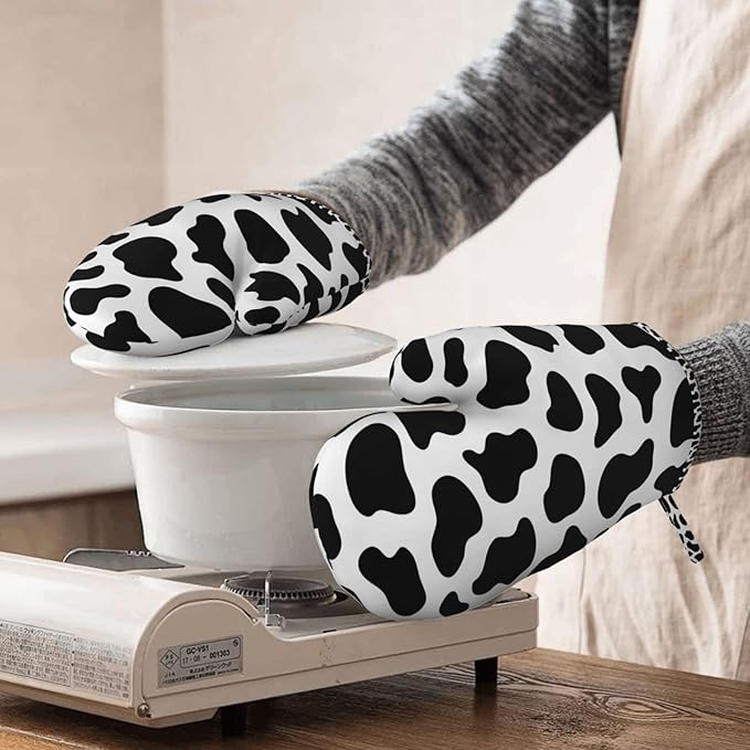 Cow Print Oven Mitts and Pot Holders Sets of 2,Resistant Recycled Infill Silicone Non-Slip BBQ Gloves for Kitchen,Cooking,Baking,Grilling
