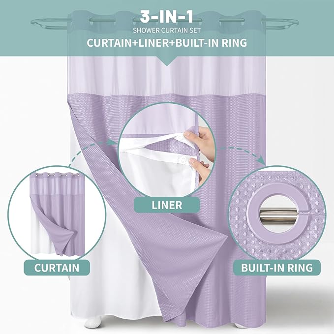 eachope Lavender Long No Hook Waffle Weave Shower Curtain with snap-in Liner Replacement, 230GSM Waterproof Fabric Hotel Shower Curtain Set for Bathroom, Through Mesh Top Window,71Wx80H