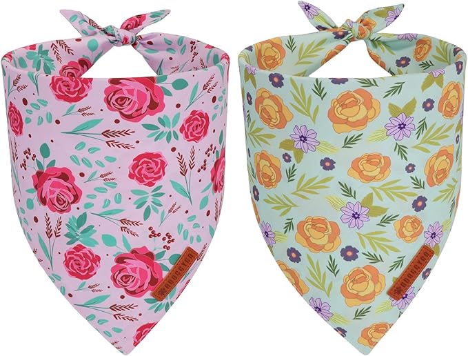 ADOGGYGO Floral Dog Bandana, Red Yellow Rose Pet Scarf, Adjustable Fit Flower Bandanas for Medium Large Dogs Pets (Large)