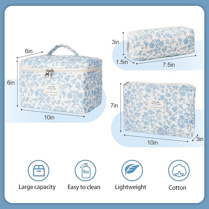 SXS LACONIC Quilted Makeup Bag,Large Cosmetics Bag Set,Coquette Floral Make up Pouch,Travel Toiletry Bag for Women