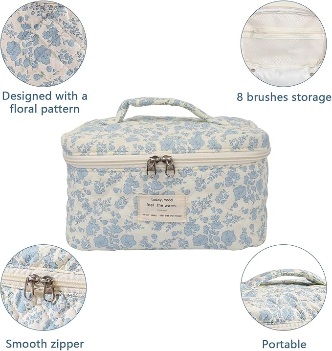 Large Makeup Bag, Cute Cosmetic Bag for Women Girls, Floral Coquette Aesthetic Toiletry Bag, Travel Make Up Organizer Bag ((White Butterfly Flower))
