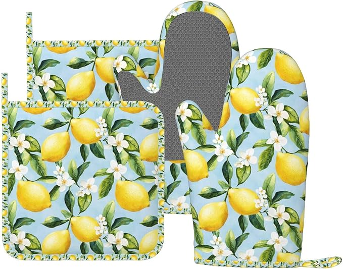 Oven Mitts Pot Holders Set Lemon Watercolor Flower Silicone Kitchen Gloves Potholders Heat Resistant for Chef Baking Cooking Grilling BBQ 4 Pack Mitt