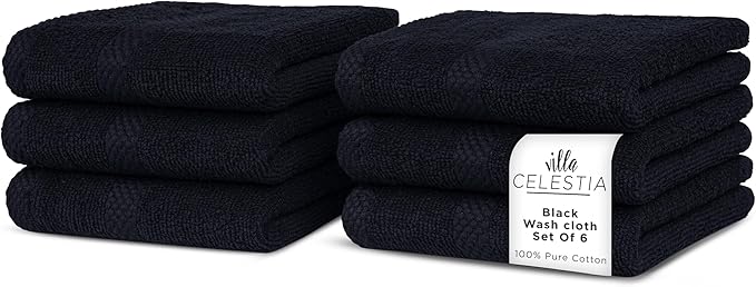 Villa Celestia 100% Cotton Wash Cloth for face & Body Set of 6, (12 x 12 inches) Sustainable, Soft, Highly Absorbent, Combed Cotton Wash Cloths Pack of 6 for Hotels, Spa, Bathroom, Dorm, Black
