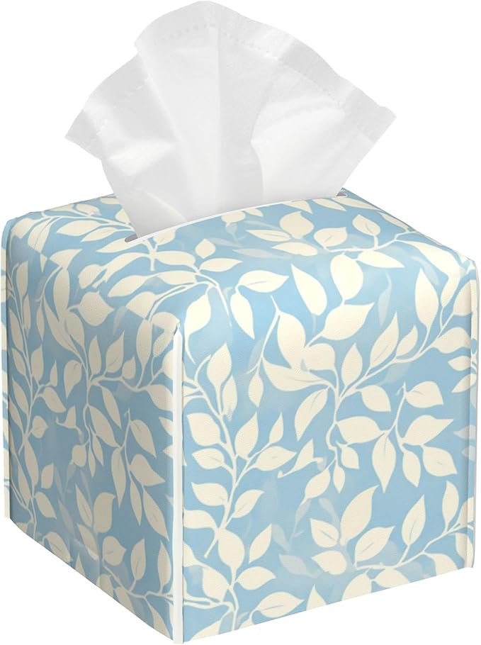 Light Blue and Cream Eucalyptus Leaves Tissue Box Cover Square Leather Tissue Holder Waterproof Facial Paper Organizer Dispenser Cube Paper Cover Case for Home Office Bathroom Vanity Countertop