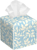 Light Blue and Cream Eucalyptus Leaves Tissue Box Cover Square Leather Tissue Holder Waterproof Facial Paper Organizer Dispenser Cube Paper Cover Case for Home Office Bathroom Vanity Countertop