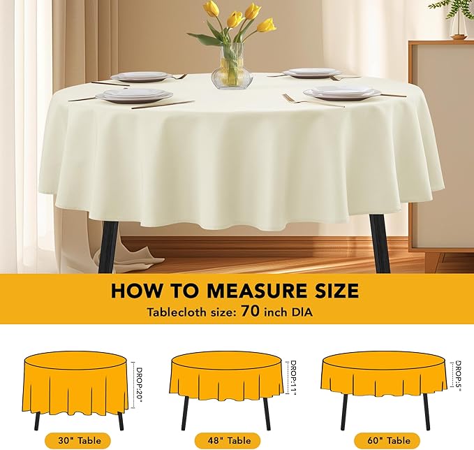 10-Pack Ivory Round Tablecloths, 70 Inches, Stain-Resistant Polyester for 3-4 Ft Round Tables - Washable Table Covers for Weddings, Banquets, Birthday Parties, Events