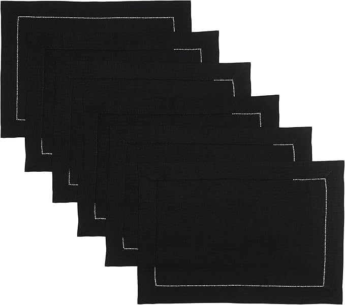 D'Moksha Homes Linen Placemats Set of 6 - Classic Hemstitch Black Placemats 14 x 19 Inch - 100% Pure Linen Table Mats for Spring, Easter - Handcrafted and Machine Washable