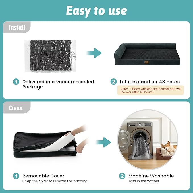 COZY KISS Orthopedic Dog Bed for Large Size Dog, XL Dogs Crate Bed, L Shaped Foam Anti-Slip Bottom Pet Cat Sofa with Washable Removable Cover, Suitable for Pet Up to 100 lbs, 44x32x7 inch, Black