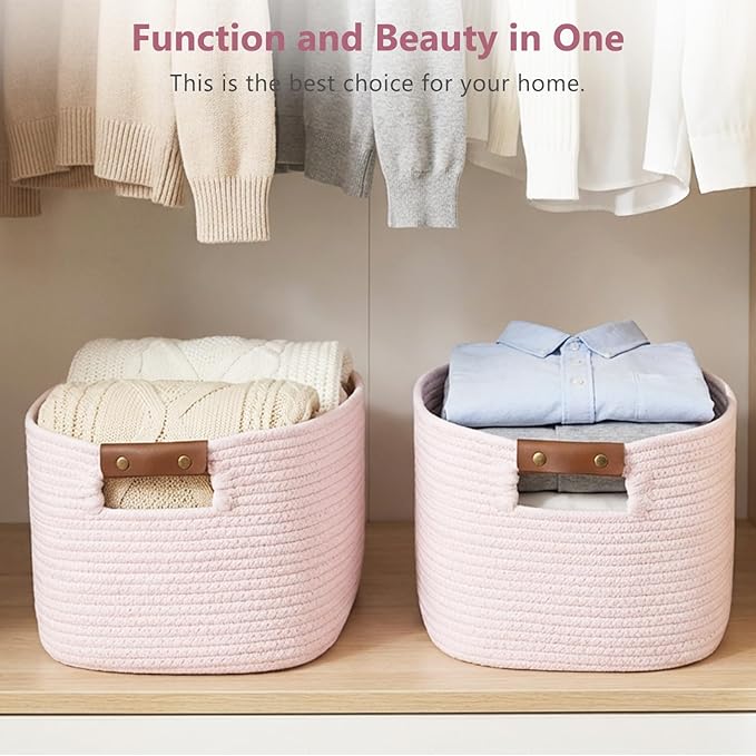 ECDYQXVU Cotton Rope Basket, Storage Baskets with Handle, 15x10x9 Inch Woven Basket for Shelves, Laundry, Towels, Clothes, Books (Light/Pink 1Pack)