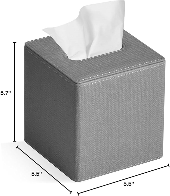 GOLRANLYE Tissue Box Cover Square PU Leather Facial Tissue Box Holder for Dresser Bathroom Decor (Linen Grey)