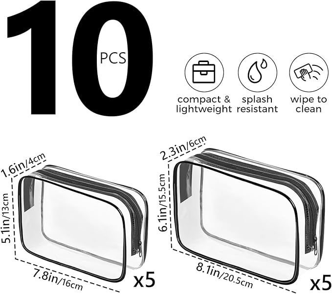 AURUZA 10 Pack Travel Toiletry Bag, Clear Makeup Bag, TSA Approved Cosmetic Bag with Zipper, Clear Organizer Carry on Bag for Women, PVC Cosmetic Pouch