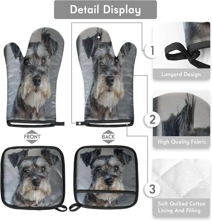 Cute Schnauzer Dog Oven Mitts and Pot Holder Set of 2, Kitchen Heat Insulation Pads Non-Slip Potholders Baking Gloves for BBQ Cooking Baking