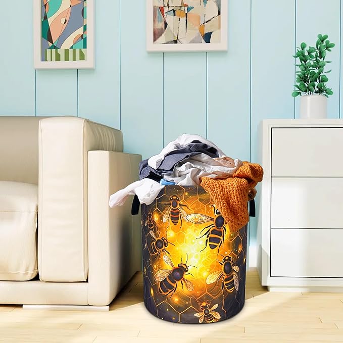 Queen Bee Laundry Basket Oxford Cloth Bee Honeycomb Laundry Hamper With Handle Foldable Portable Clothes Storage Basket 18.9 X 16.5 In Storage Bag For Laundry Room/Bathroom/Bedroom/Dormitories