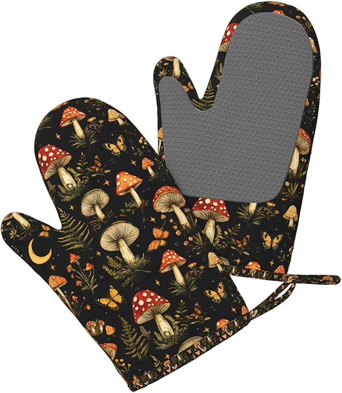 Heat Resistant Oven Mitts 2 Pack, 500°F Silicone Oven Gloves with Non-Slip Grip, Soft Quilted Cotton Lining for Baking, Grilling, BBQ, Cooking (Mushrooms Butterflies)
