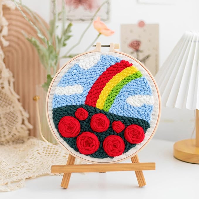 Woohome Punch Needle Kit Included Plastic Hoops, Punch Needle Cloth, Color Yarn and Punch Needle Tools for Adults, Beginners (Rainbow and Flowers)