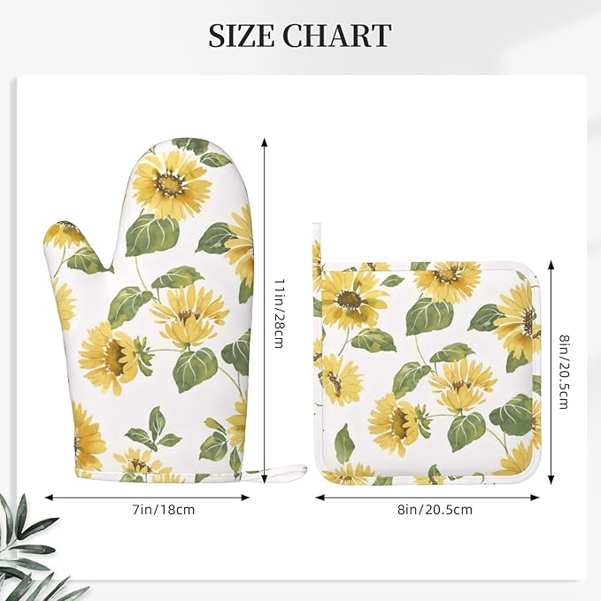Silicone Oven Mitts and Pot Holders Sets, Home Sunflower Floral Heat Resistant BBQ Gloves for Kitchen Baking Cooking Grilling Microwave