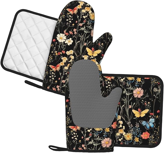 Oven Mitts Pot Holders Set Vintage Butterfly Flower Botanical Silicone Kitchen Gloves Potholders Heat Resistant for Chef Baking Cooking Grilling BBQ 4 Pack Mitt