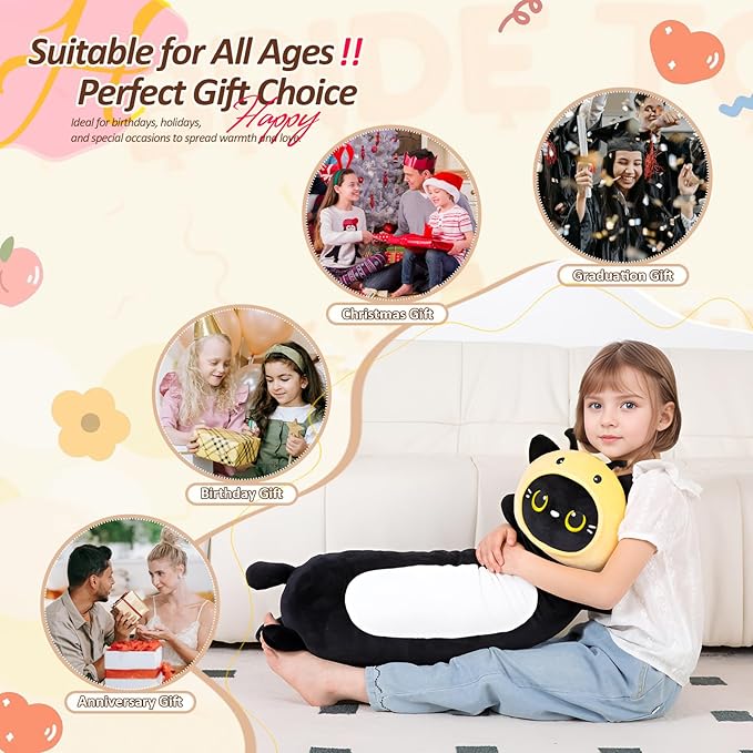 HAIJUNYA 36 inch Bee Black Cat Long Plush Body Pillow Toy, Kitten Plushies with Stuffy Honeybee Oufit Big Stuffed Animals Gfit for Kids Boys Girls, Birthday, Halloween, Christmas