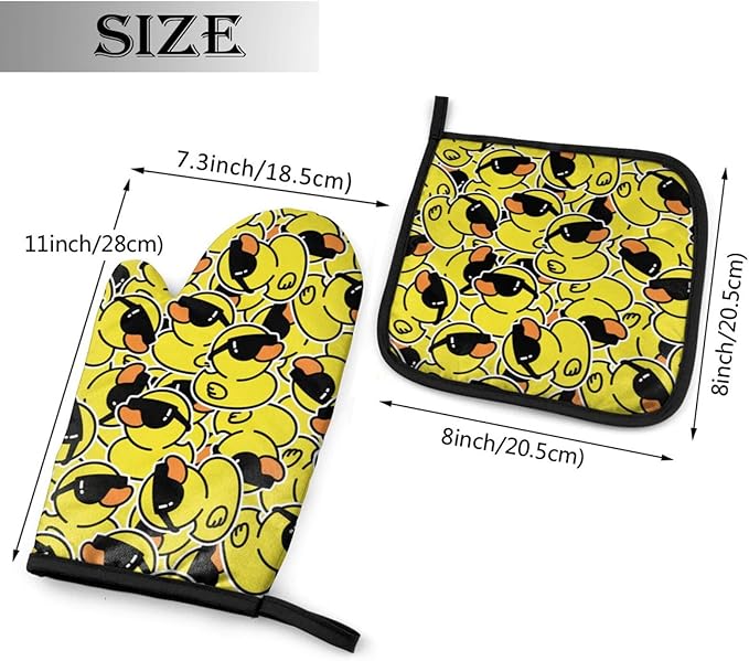 Funny Rubber Duck with Sunglasses Oven Mitts and Pot Holders Insulated Gloves & Kitchen Counter Safe Mats for Cooking BBQ Baking Grilling (2-Piece Set)
