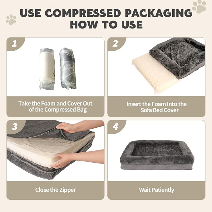 Dog Beds Waterproof Medium/Large Sized XL Foam Pet Beds Removable Washable Cover Dog Sofa Egg Crate Foam Support with Zipper Bottom Bolster Deluxe Plush Mat (Grey+34.6x26x7.5in)