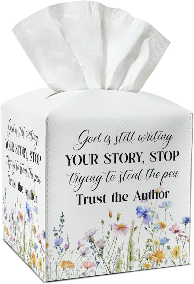 Floral Tissue Box Covers Square - God is Still Writing Your Story, Leather Tissue Box Holders Decorative for Car Nightstand Home Office Organizer, Square Facial Paper Organizer Home Decor -024