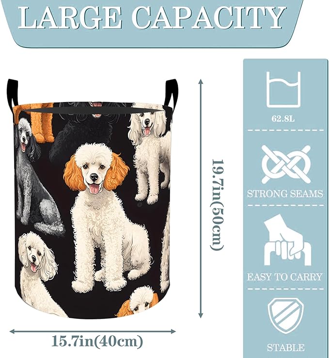VODRM Cute Poodle Dog Laundry Basket, Dirty Collapsible Clothes Toy Organizer Hamper for Kids Adults, Oxford Cloth Waterproof Storage Bin for Room Bedroom Bathroom Home Decor Gifts, 19.7"X15.7"