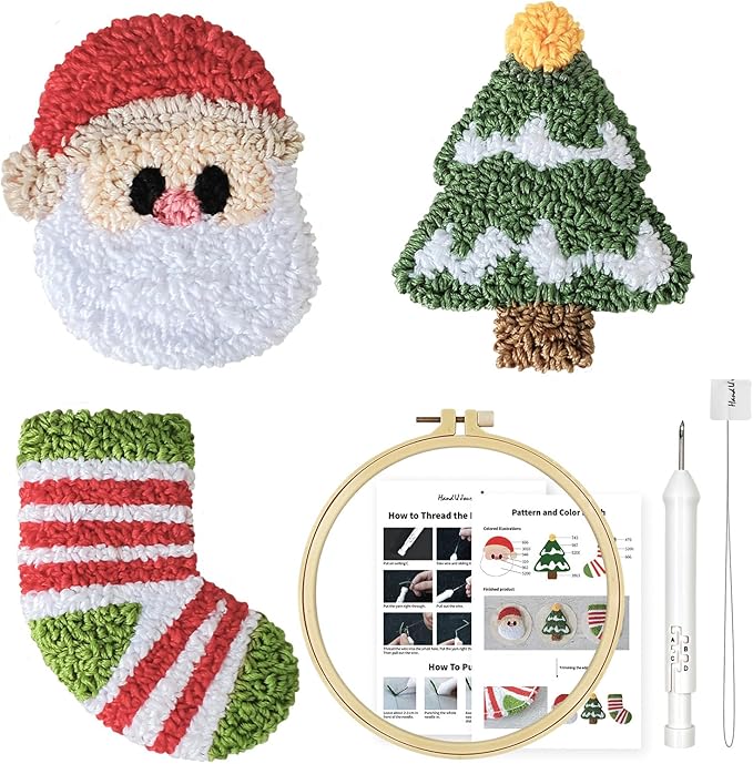 HAND U JOURNEY 3Pcs Embroidery Punch Needle Fridge Magnet Kit (Non-Magnetic), Original Design with 2.2mm Punch Tool, Threads and Hoop (X'Mas)