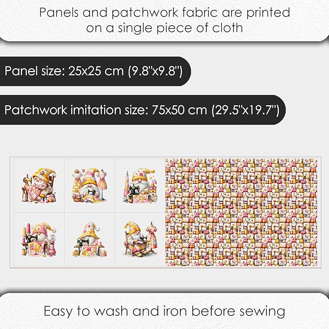 Cotton Fabric Panel – Single Continuous Patchwork Gnome Sewing Panel with 6 Printed Squares (9.8” x 9.8”), Bonus Patchwork Area 29.5” x 19.7” – 100% Cotton Satin Fabric for Quilting & Sewing Projects