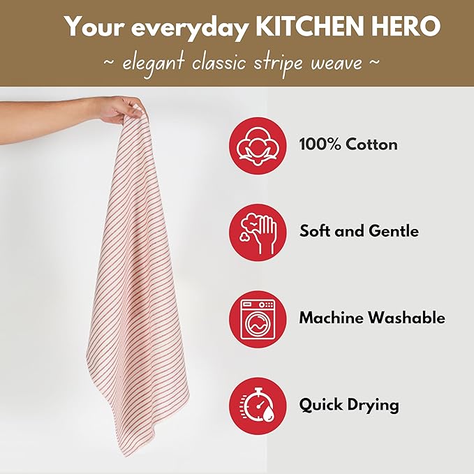Native Fab 4 Pack Farmhouse Stripe Kitchen Dish Towels Cotton Super Absorbent Quick Drying Reusable 18x26 Inches - Bar Hand Towels, Kitchen Cleaning Towels with Hanging Loop, Milenna Red